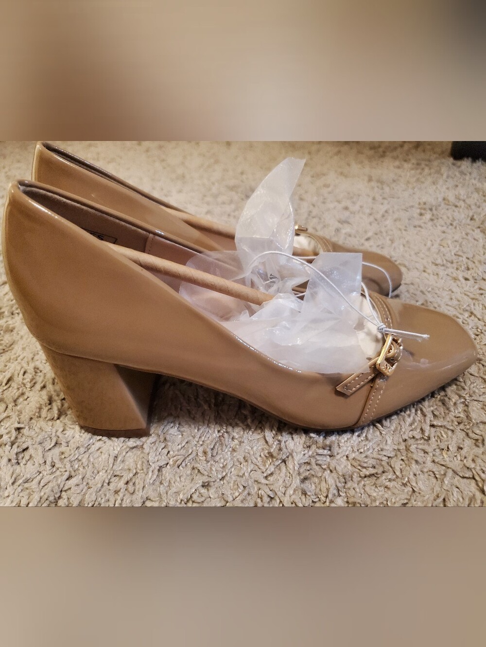 On Running Patent Nude Block Heel Loafers with Gold Buckle